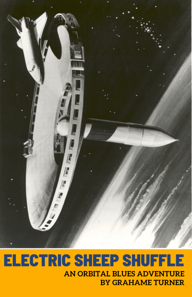 The Cover for Electric Sheep Shuffle showing a black and white photo of an orbital station
