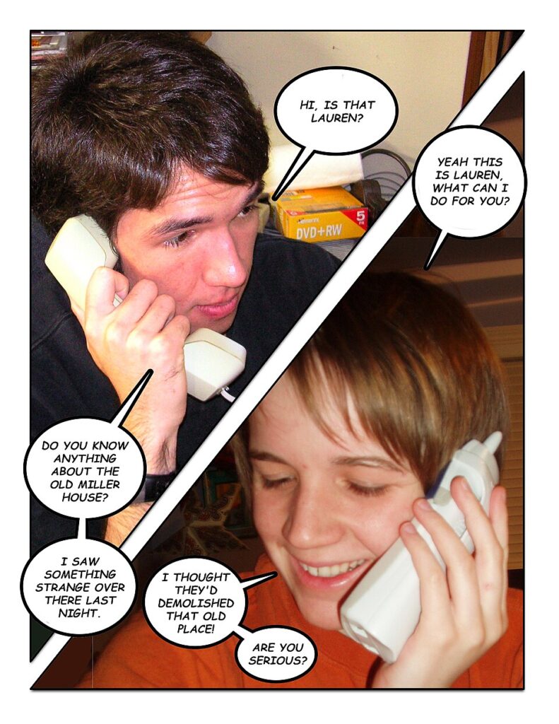A split-screen panel of two people chatting on the phone, with speech bubbles.
