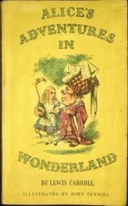 Puffin's 1946 edition of Alice's Adventures in Wonderland. Yellow cover with a drawing of Alice and the queen.