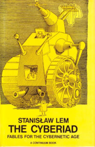 Bright yellow cover of The Cyberiad with a mechanical contraption.