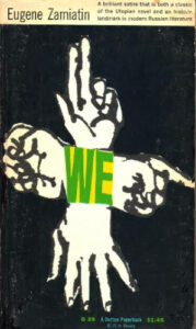 Black cover of WE with the image of four hands in different positions in white