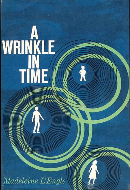 Blue cover with white circles and human forms of A Wrinkle in Time