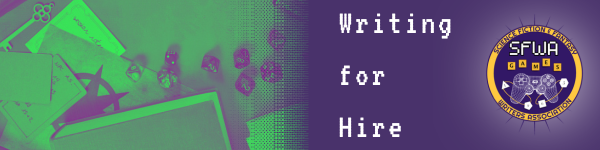 Series banner for Writing for Hire with the Game Writing Committee logo
