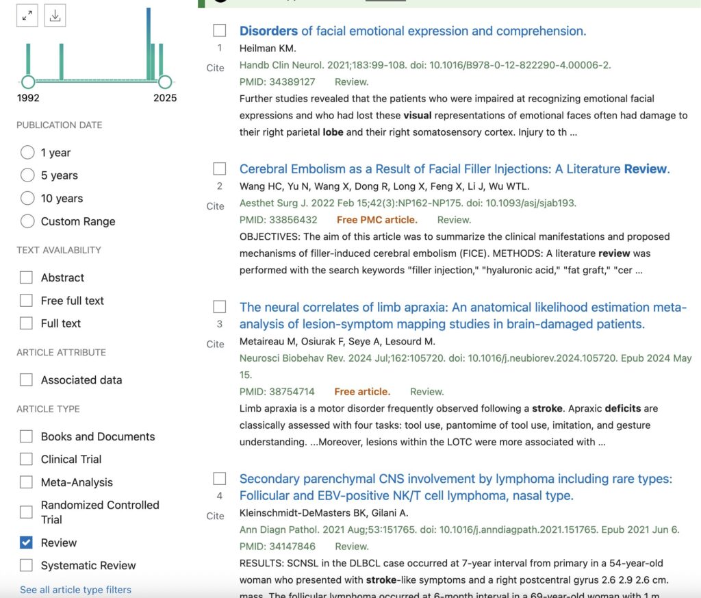 A screenshot from PubMed to illustrate the research technique explained in the article. The search results in the image contain a left-side filtering widget, and the results are listed on the right side with links.