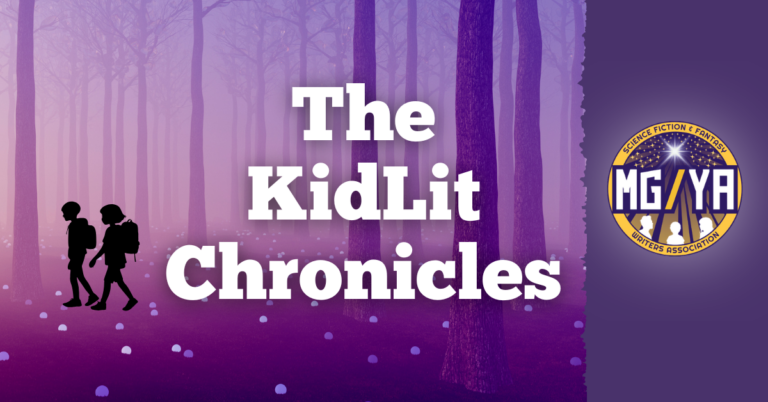 An image of two black silhouettes of kids with backpacks, walking through a purple forest, and the series title, The KidLit Chronicles, with the MG/YA Committee logo.
