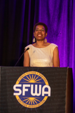Toastmaster Tananarive Due presents at the Nebula Awards Ceremony in Chicago, June 2026.