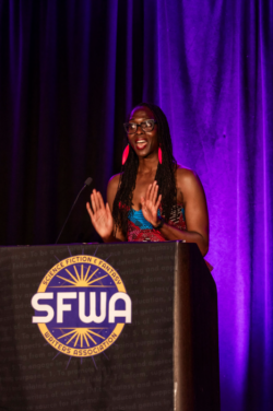 SFWA Executive Director Isis Asare presents for the Nebula Award for Novel.